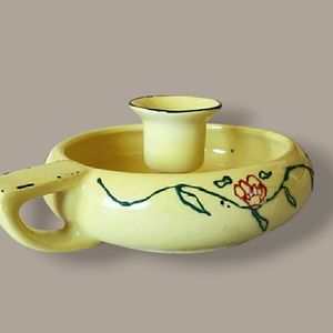 Vintage Enameled Ceramic Chamberstick Candle Holder, Yellow Cottagecore